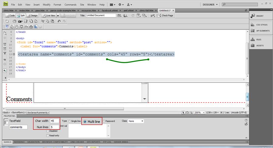 Split view of Dreamweaver showing the code of the text area. The characters width the Number of lines and the Multi line options are highlighted on the properties inspecto and in the code view