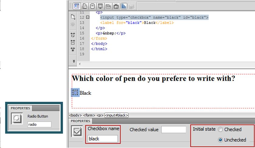 Screenshot of Dreamweaver in split view after inserting a checkbox. The properties inspector has the checkboxe's  options highlighted