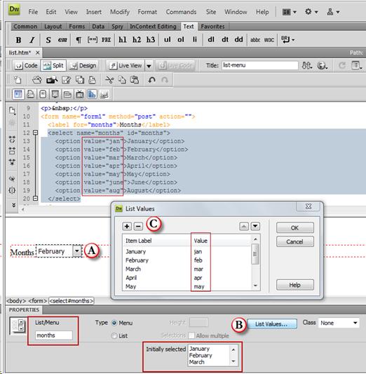 Screenshot of Dreamweaver in split view showing the steps to insert a List/menu item