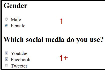 Screenshot of a form showing an example of checkboxes and radio buttons.  The radio button's example is Gender, the options Male and Female (this one is checked The one for checkboxes is "Which social media do you use? the options: Youtube, Facebook and Tweeter the first 2 are checked 