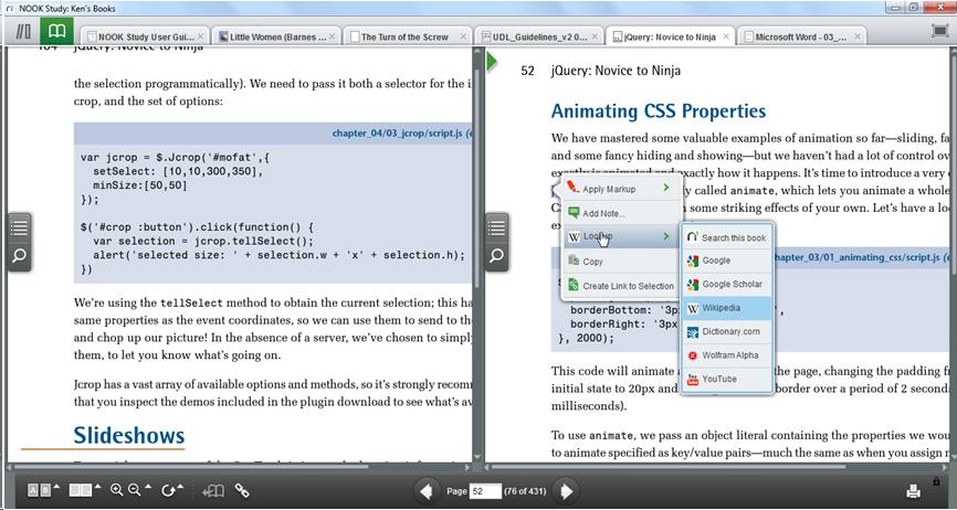 Nook Study side by side view comparison. Multiple books can be open and reviewed simultaneously. In the right-hand book a pop-up window shows a contextual menu performing look up of a work in Wikipedia.