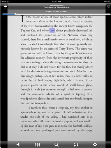 Blio for iPad screen shot showing visiable highlight of words during audio playback of text. Unit of highlight is single word only.