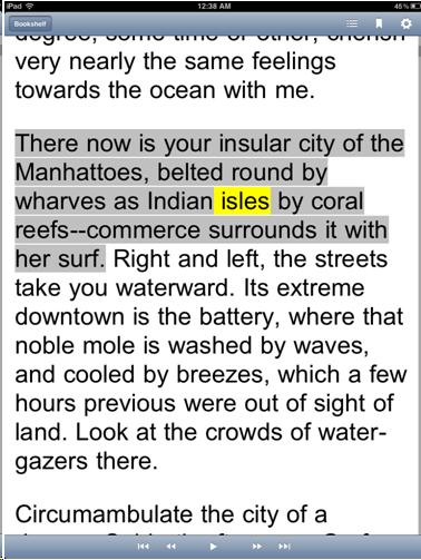 Read2Go screen shot showing synchronized reading with highligting. Unit of highlight is sentence and word.