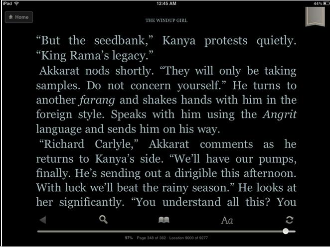 Kindle for iPad screen shot demonstrating adjustable text. Landscape orientation with large text and white text on black background.