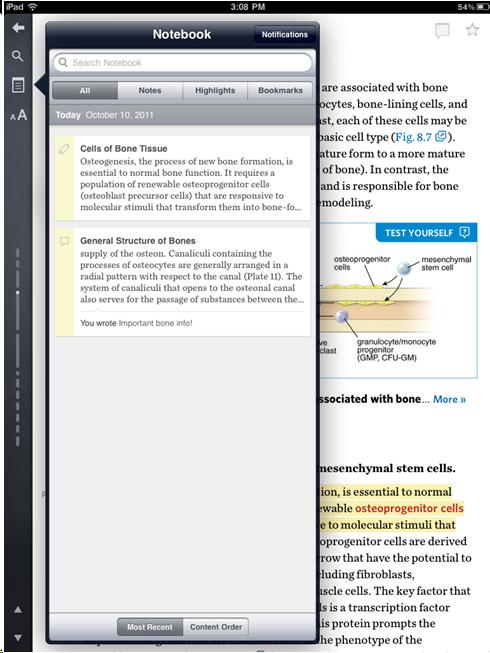 Inkling screen shot showing detailed highlights pop open panel. Highlights, bookmarks, and Notes are all searchable in Inkling.