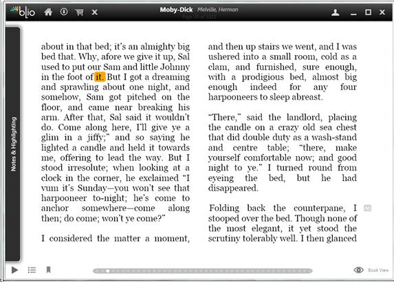 Screen shot of Blio, reading Moby Dick, showing a word highlighted as it reads in the built-in text-to-speech