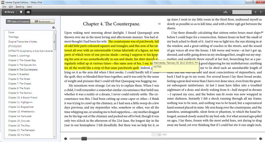 Adobe Digital Editions screen shot, showing table of contents and two pages of a chapter from Moby Dick. Highlighting on page can be seen, labeled by a yellow post-it style note.