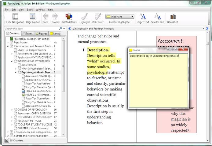 A textbook open in VitalSource reader, showing the detail of the left-hand navigation pane and showing a book with highlighting and a note on that highlighting open.