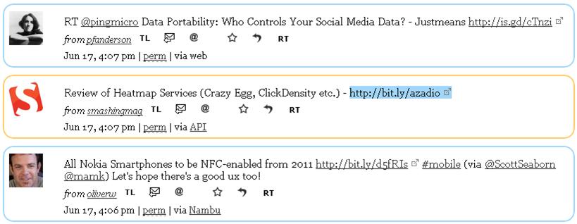 Screen shot of 3 tweets in Accessible Twitter. The middle tweet is highlighted and a link in the tweet is clearly focused.