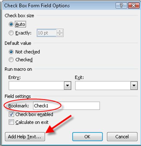 Check box form field options dialog box with Bookmark field circled and an arrow pointing to the Add Help Text button.