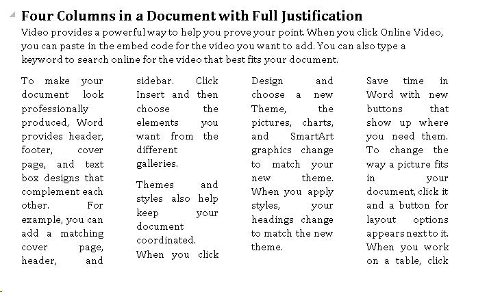 4 columns in a document with full fustification of text and no horizontal line between columns