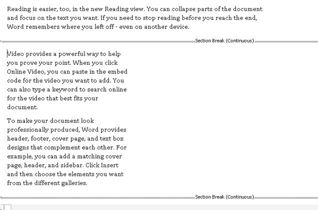 Draft View of a document with two columns in Word showing the Section Breaks.