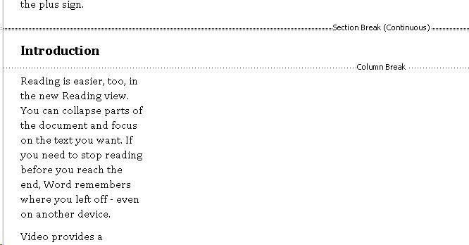 Draft View in Word showing Section and Column Breaks