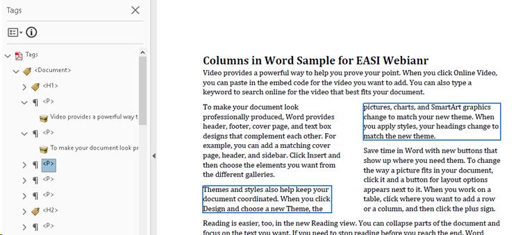 First columns in sample Word document in tagged PDF document.