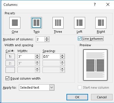 Columns dialog.