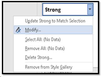 Modify option for the Strong Style in the Styles Pane.