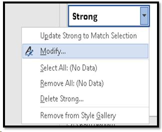 Modify option for the Strong Style in the Styles Pane.