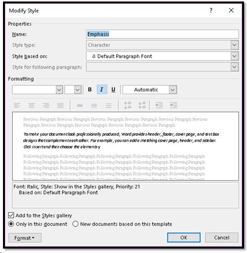 Modify Style dialog for a Character Style