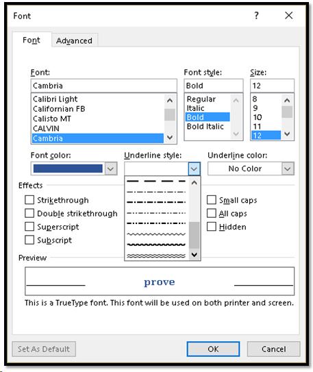 Font dialog with Underline Style dropdown menu open.