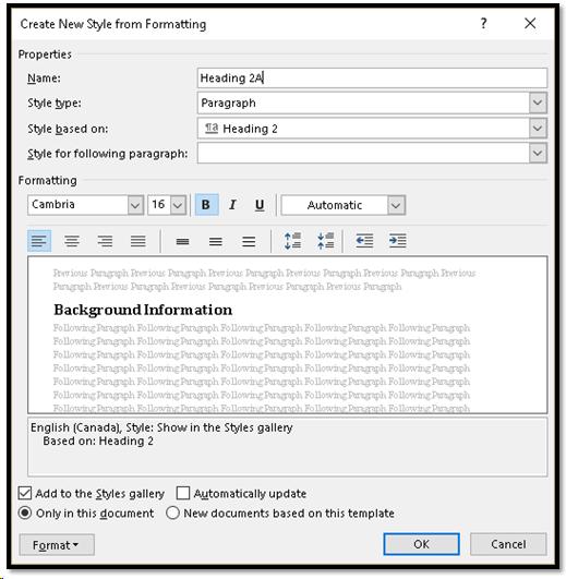 Create New Style dialog showing Heading 2A Style.