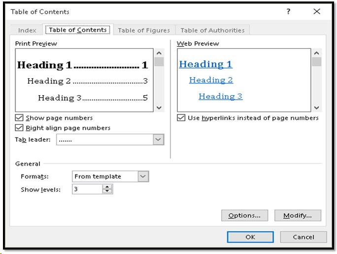 Table of Contents dialog.