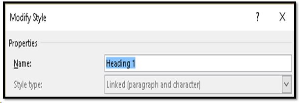 Heading Style in the Modify Style dialog showing it to be a Linked Style.