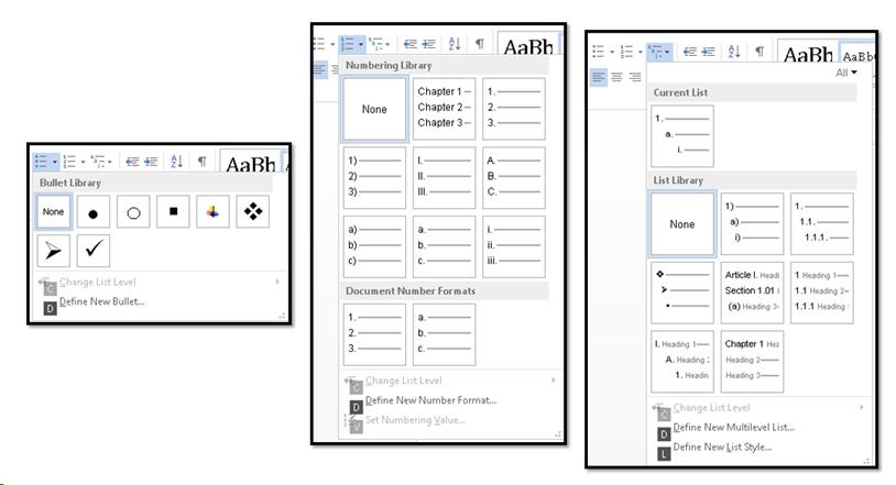 Bullets Gallery (left), Numbering Gallery (centre) and Multilevel Gallery (right).