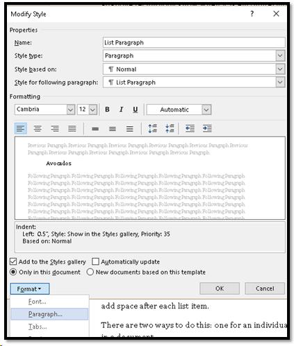 Modify List Paragraph showing the Paragraph option in the Format menu.