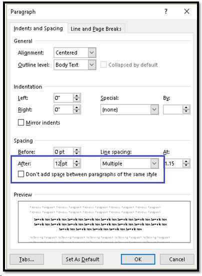 Paragraph dialog showing area to change the spacing after a List Item.