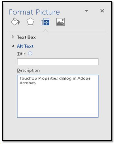 Format Picture Pane in Word with the Layout and Properties, Description tab open.