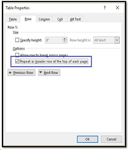 Table Properties dialog showing Row tab and Header Row Repeat checked.