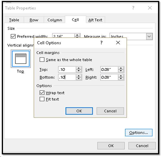 Table Properties dialog open with focus on cell tab and Cell Options dialog.