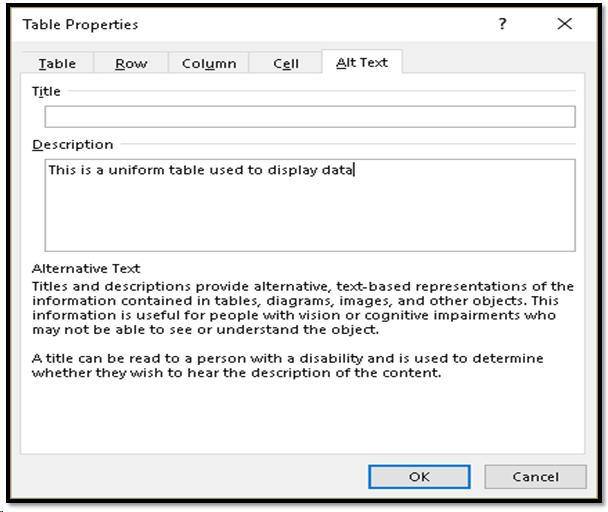 Table Properties dialog showing Alt text tab.