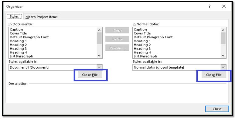 Organizer dialog showing two Close File buttons.