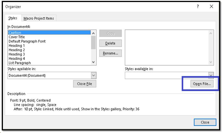 Organizer dialog showing Open File button.