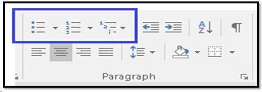 Bullets and Numbering icons in upper left of Paragraph Group.