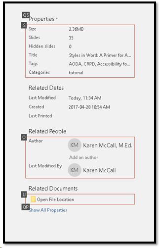 Document Properties in the Info tab of the File/Backstage area 