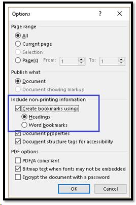 Options dialog from the Save As PDF choice in Word.