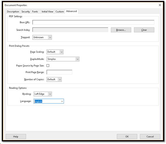 Acrobat Document Properties, Advanced tab, Language setting