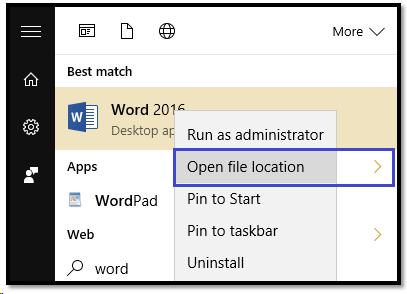 Open File Location option on Start Menu search results