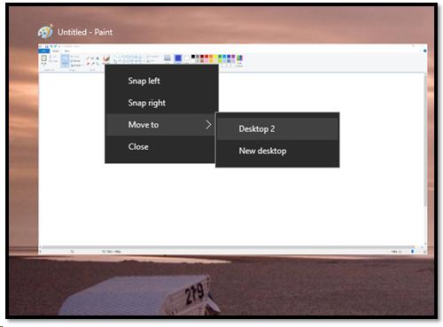 Context menu to move an open application to a Virtual Desktop.