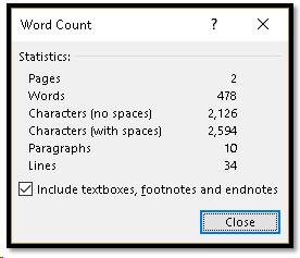 Word count dialog