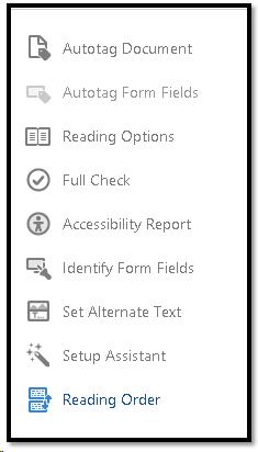 Reading Order option in the Accessibility tool set in the Tools Task Pane.