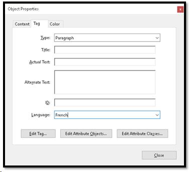 Language attribute in Tag Peroperties dialog.