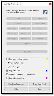 TouchUp Reading Order Panel with no content selected in document.