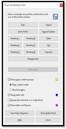 TouchUp Reading Order Panel with buttons available.