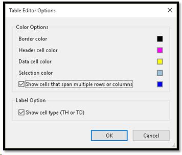 Table Editor Options dialog open showing chck boxes checked.