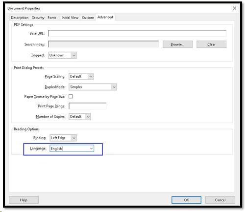 Advanced Document Properties showing Language.