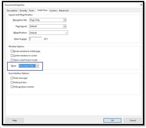 Initial View Document Properties showing "Document Title" as the Initial View.