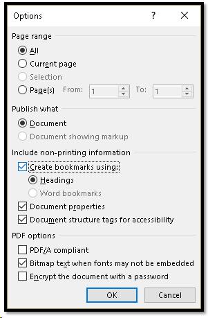 Save as PDF Options dialog